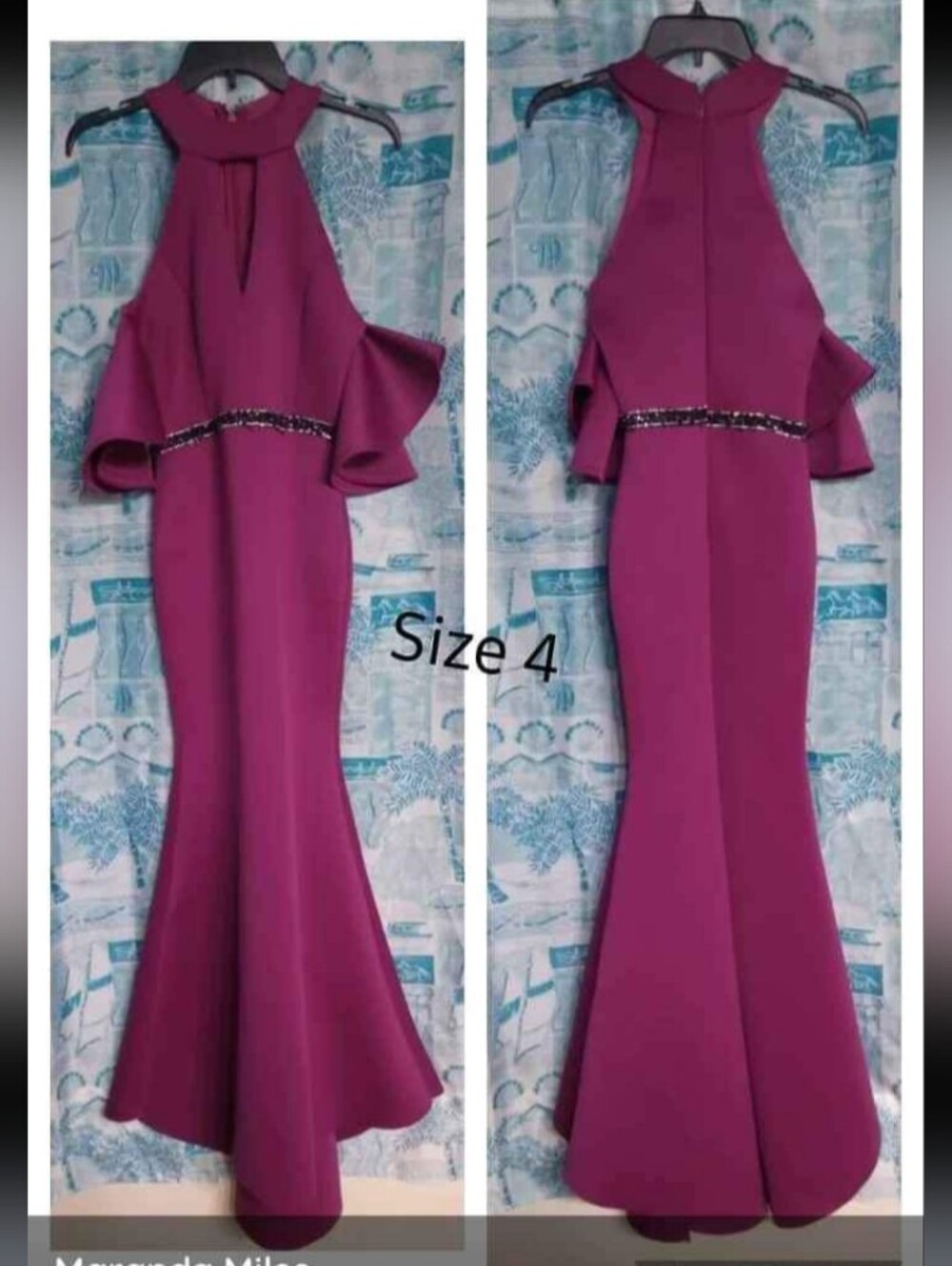Women's Fuchsia Mermaid Gown with Ruffle Sleeves